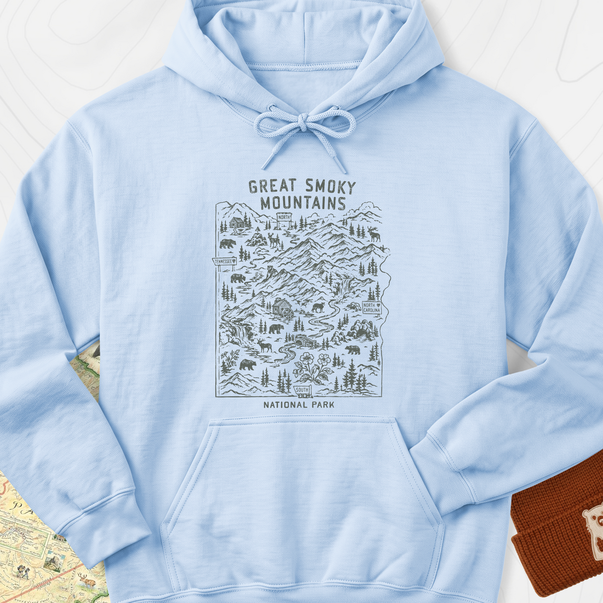 Smoky Mountains Map Hoodie - Light Blue