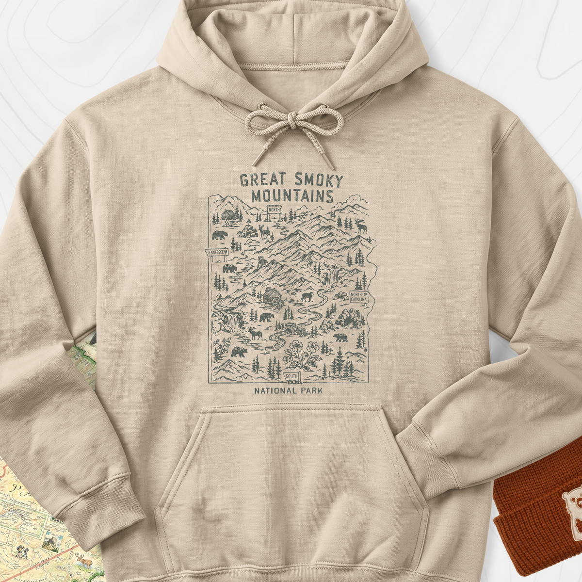 Smoky Mountains Map Hoodie - Sand