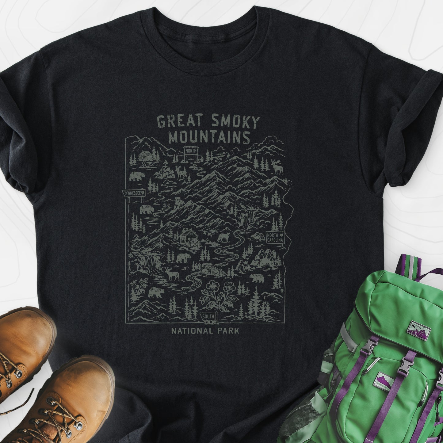 Smoky Mountains Map Black front print lightweight T-shirt