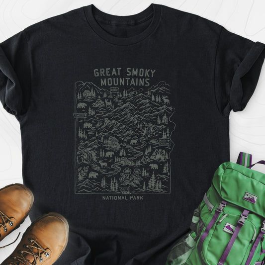 Smoky Mountains Map Black front print lightweight T-shirt