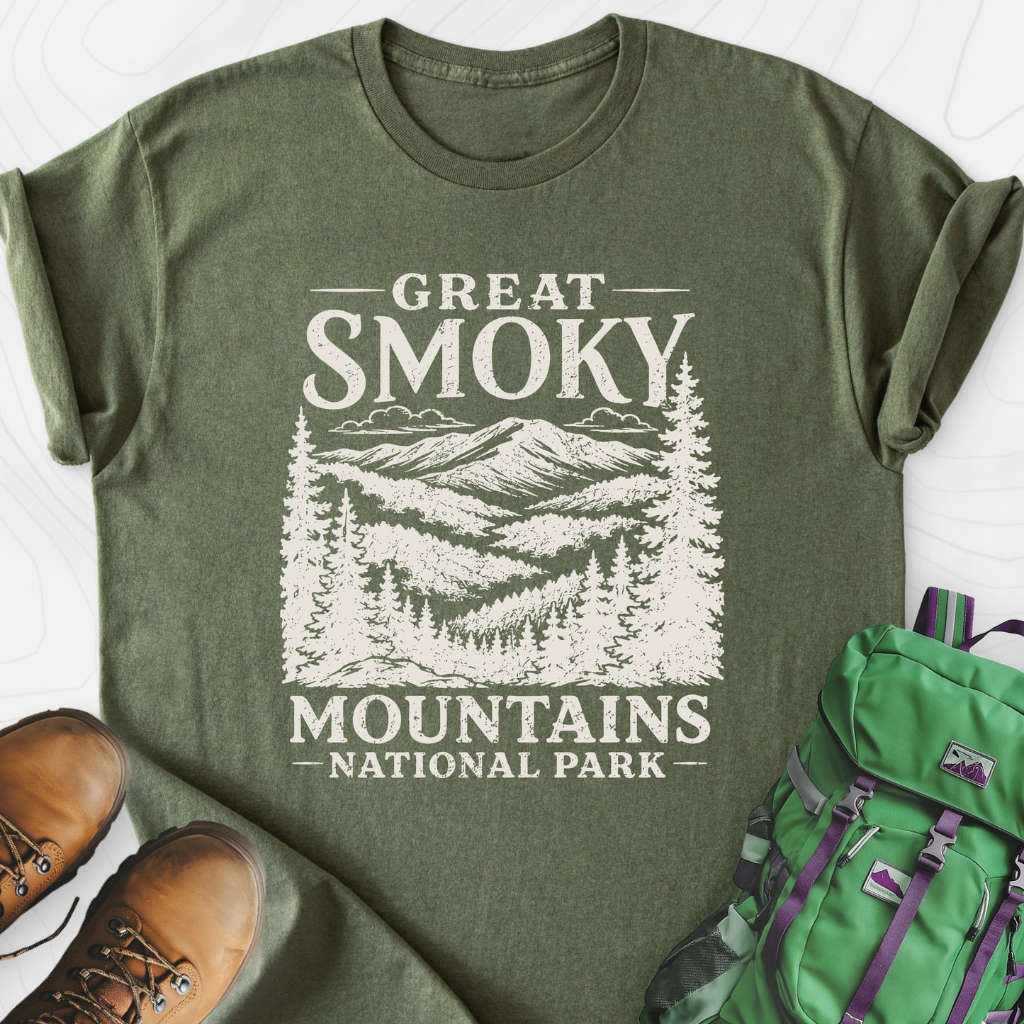 Great Smoky Mountains Military Green front print lightweight T-shirt