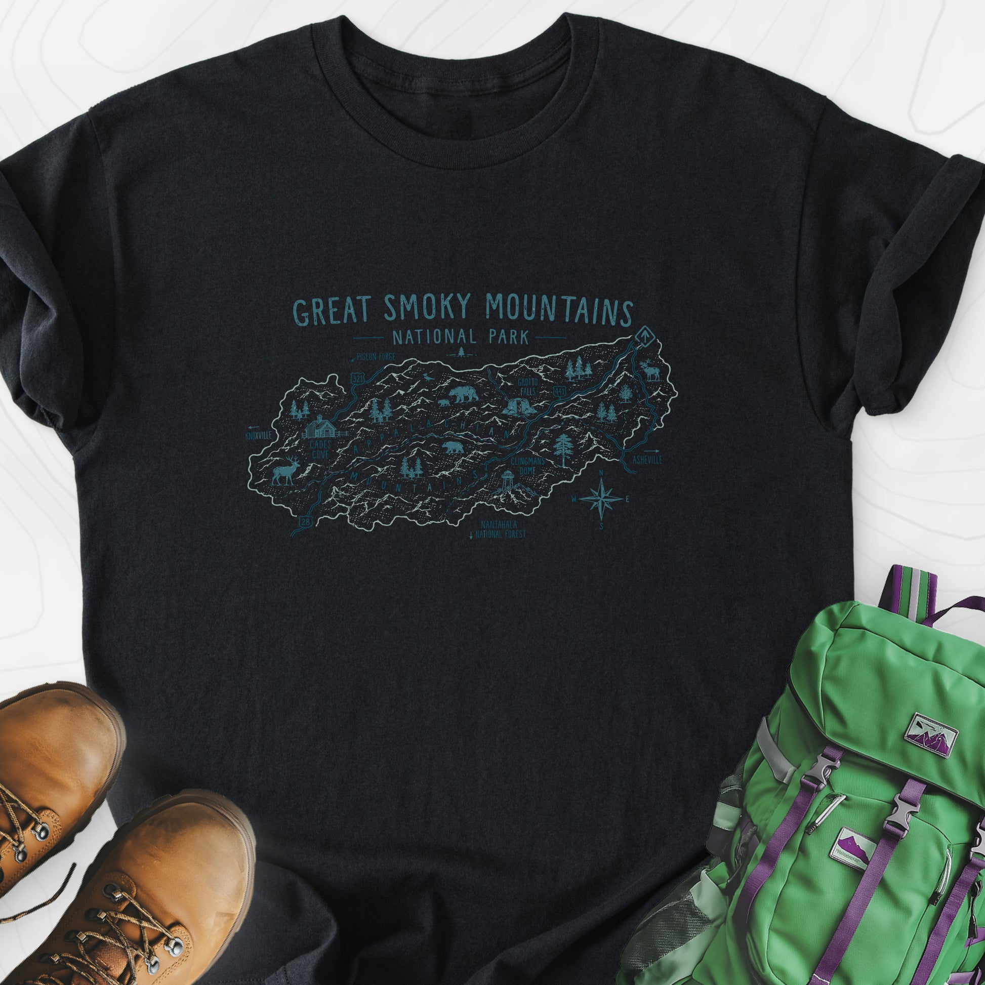 Smoky Mountains Explorer Black front print lightweight T-shirt
