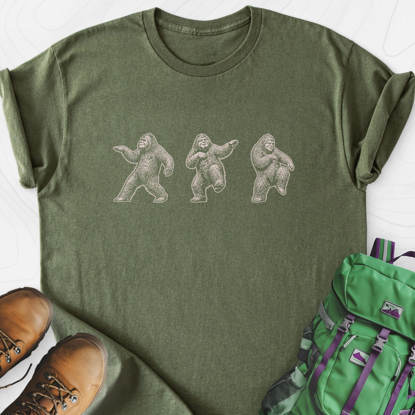 Bigfoot Dance Military Green front print lightweight T-shirt