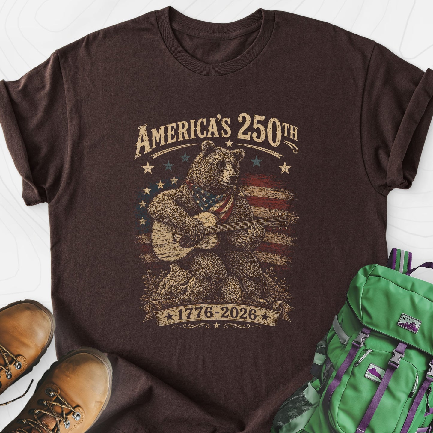 America’s 250th Bear Dark Chocolate front print lightweight T-shirt