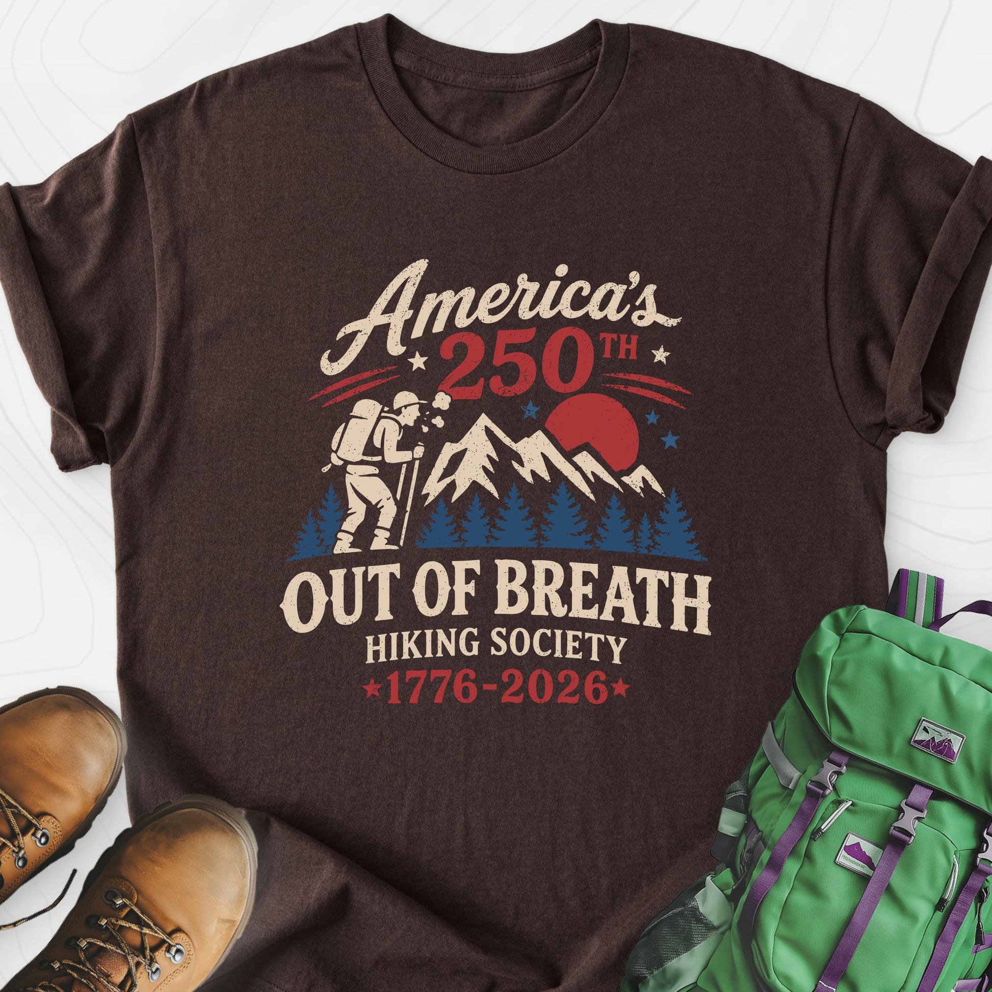 Out of Breath 250th Dark Chocolate front print lightweight T-shirt