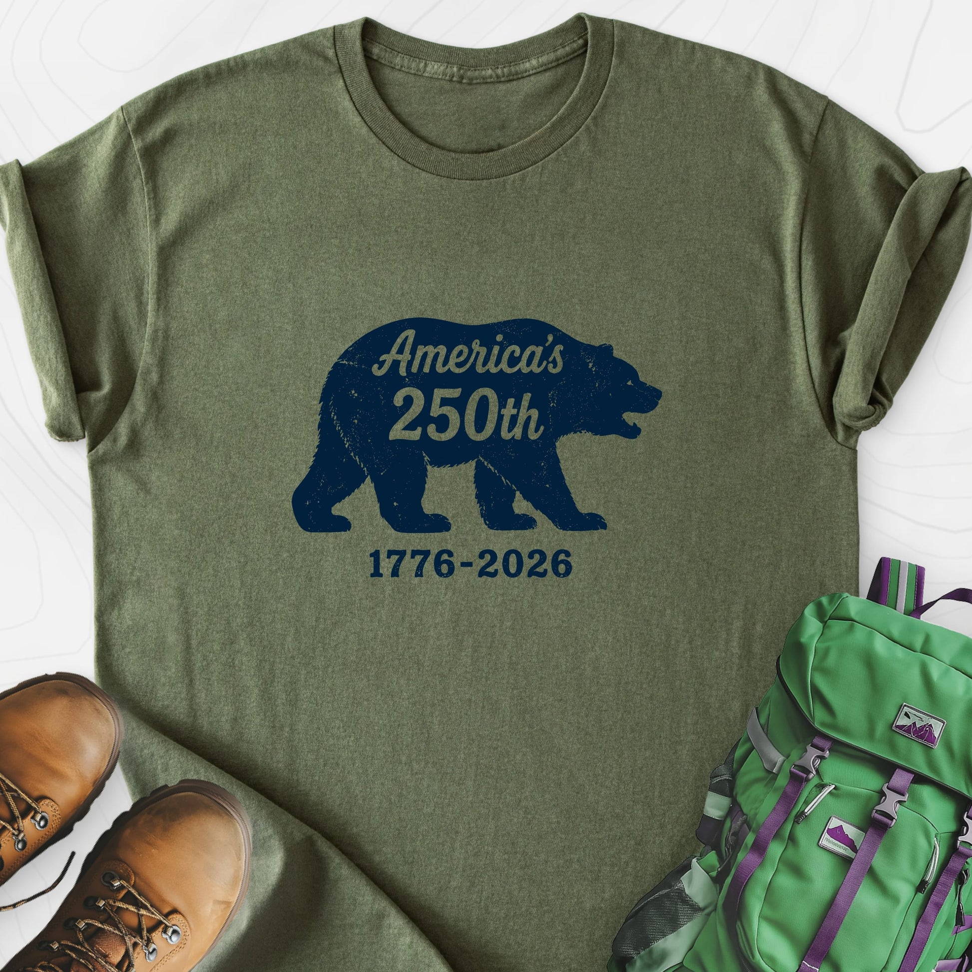 250th Bear Badge Military Green front print lightweight T-shirt