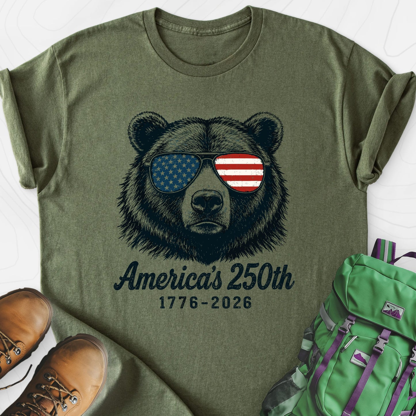 250th Bear Shades Military Green front print lightweight T-shirt