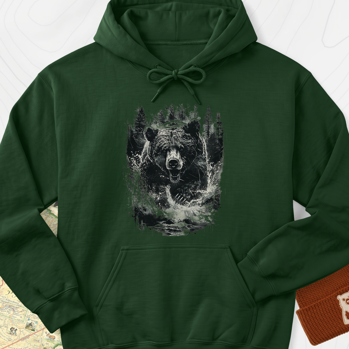 Angry Bear Hoodie - Forest Green