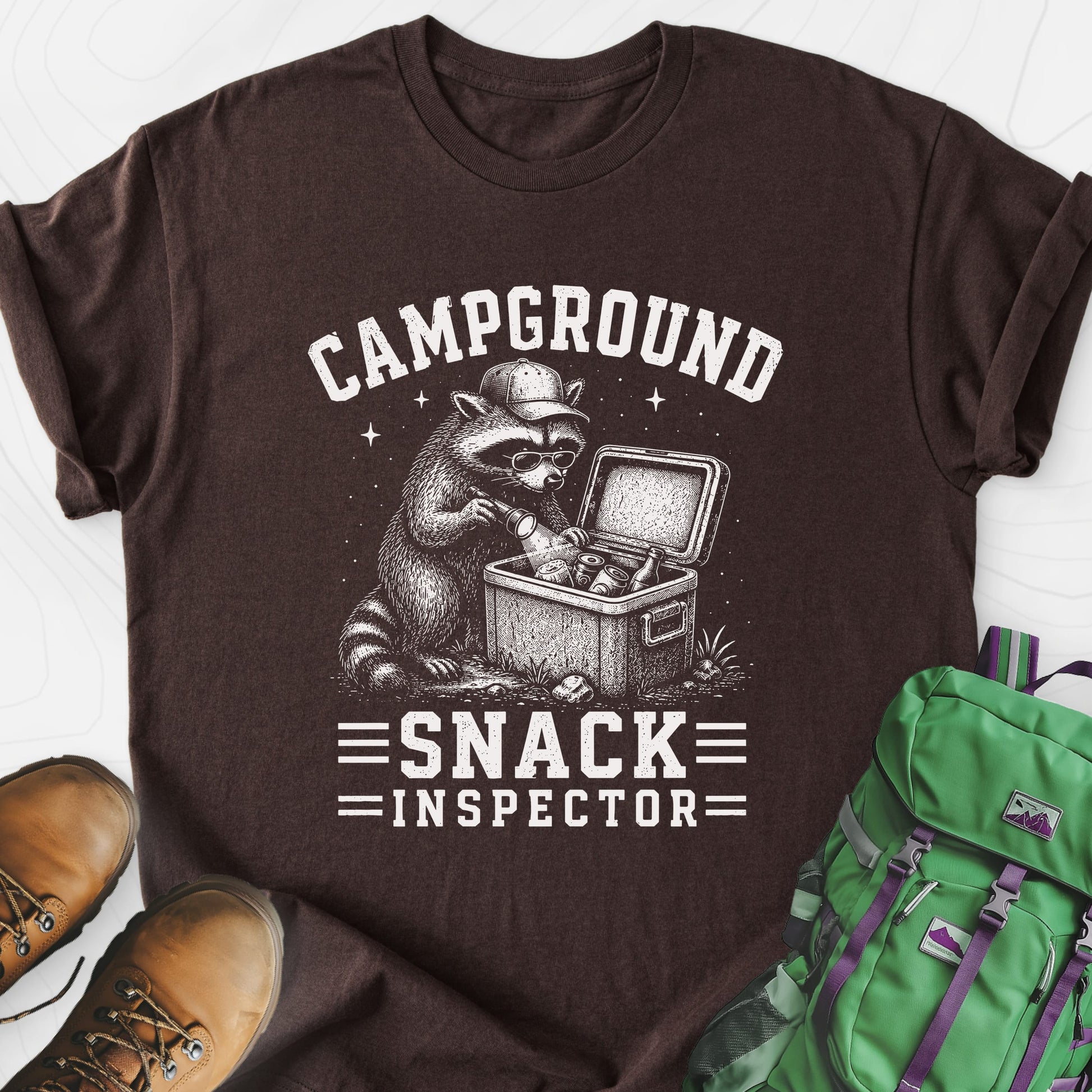 Raccoon Snack Patrol Dark Chocolate front print lightweight T-shirt