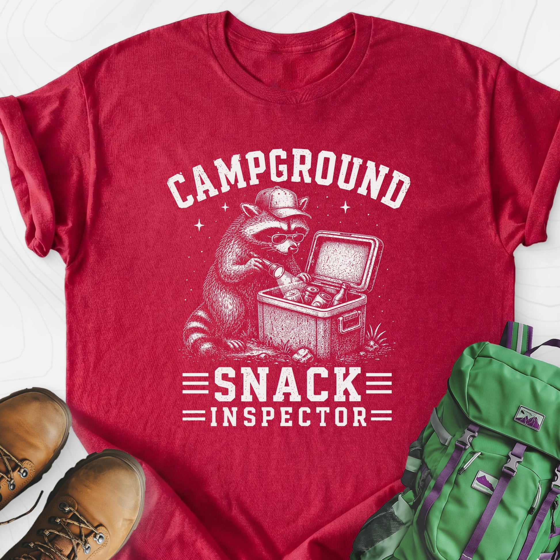 Raccoon Snack Patrol Heather Red front print lightweight T-shirt