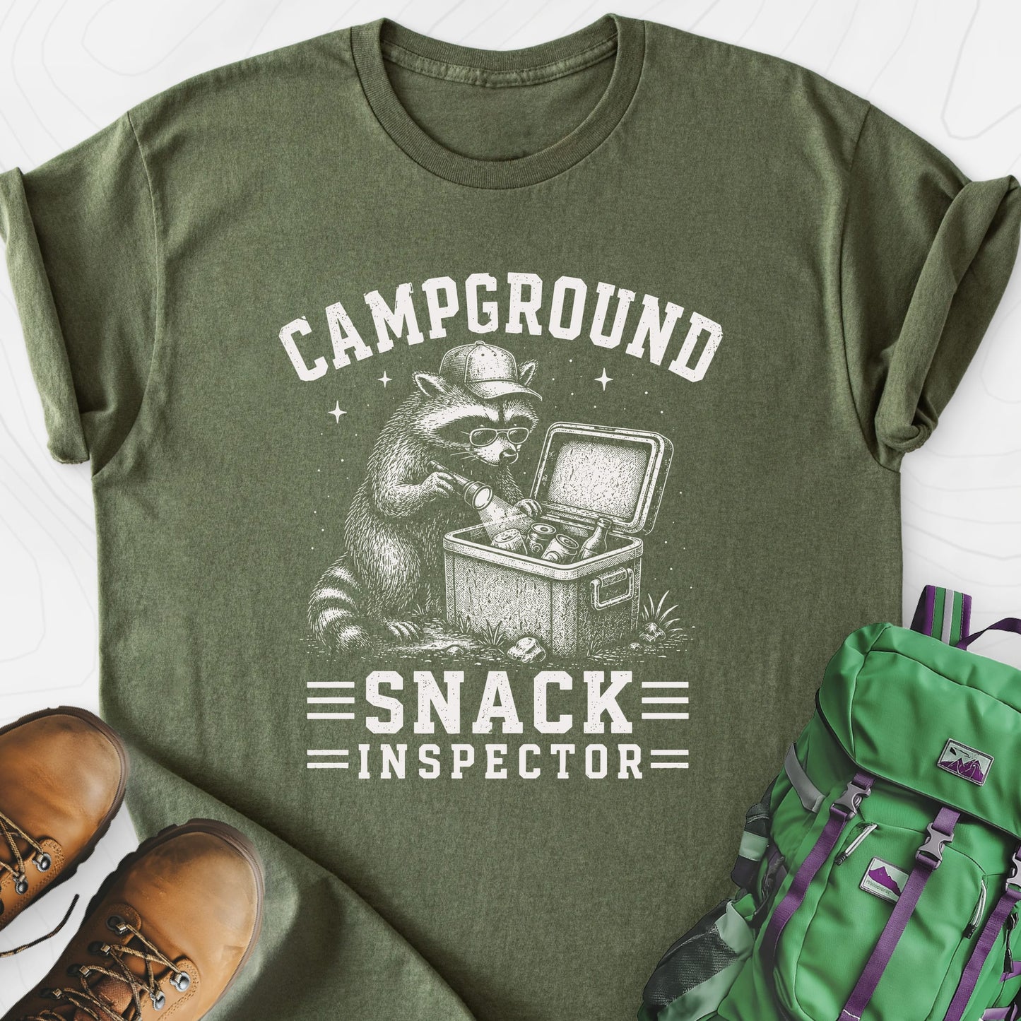 Raccoon Snack Patrol Military Green front print lightweight T-shirt