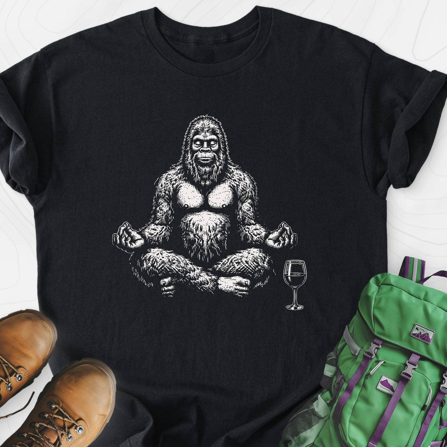 Zen Squatch Sip Black front print lightweight T-shirt