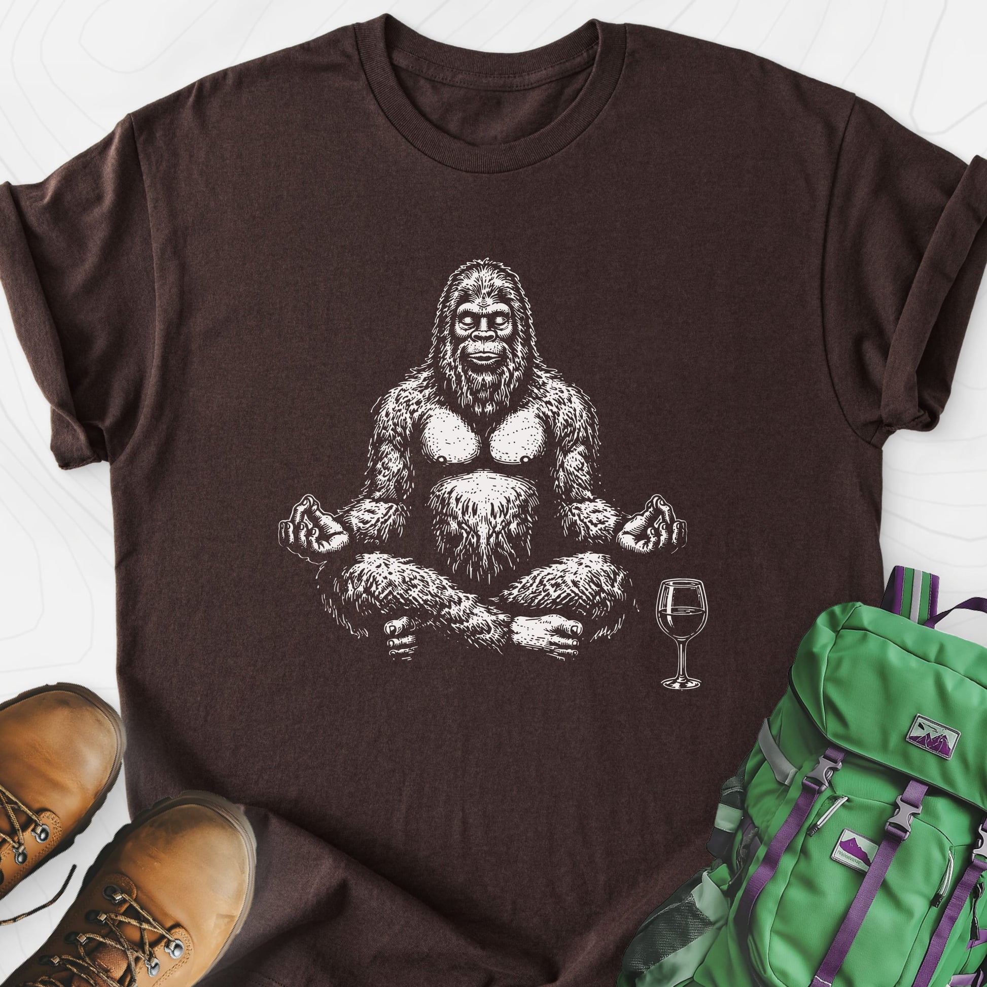 Zen Squatch Sip Dark Chocolate front print lightweight T-shirt
