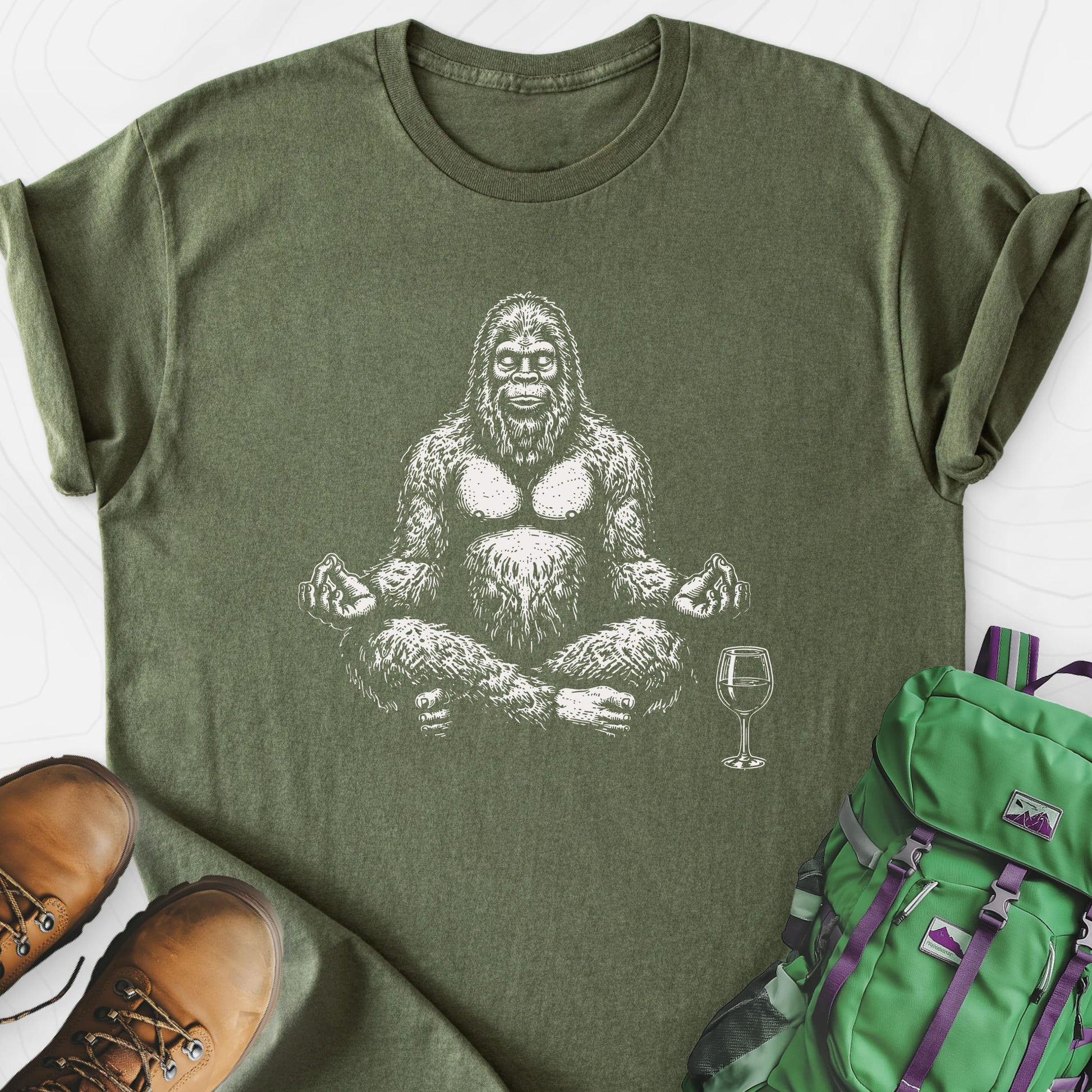 Zen Squatch Sip Military Green front print lightweight T-shirt