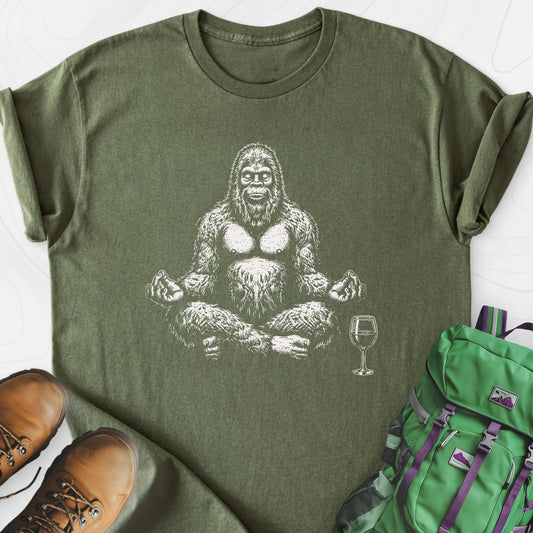 Zen Squatch Sip Military Green front print lightweight T-shirt