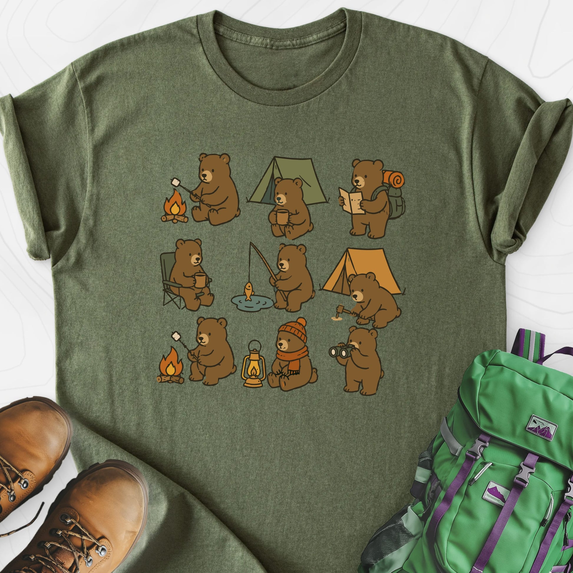 Camp Bear Crew Military Green front print lightweight T-shirt