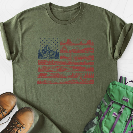 Parks and Stripes Military Green front print lightweight T-shirt