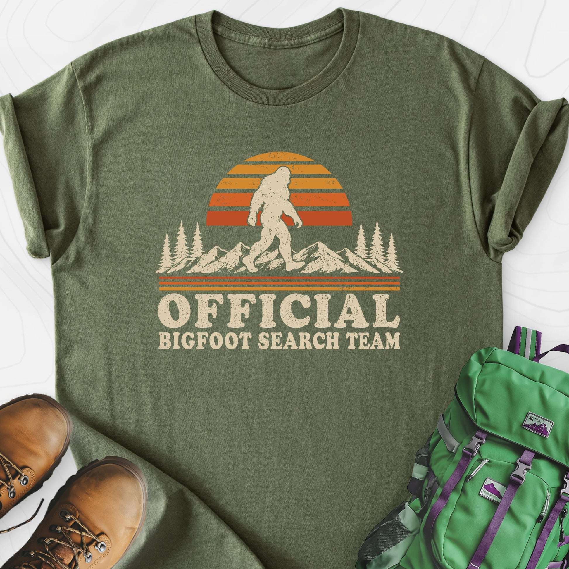 Squatch Search Team Military Green front print lightweight T-shirt