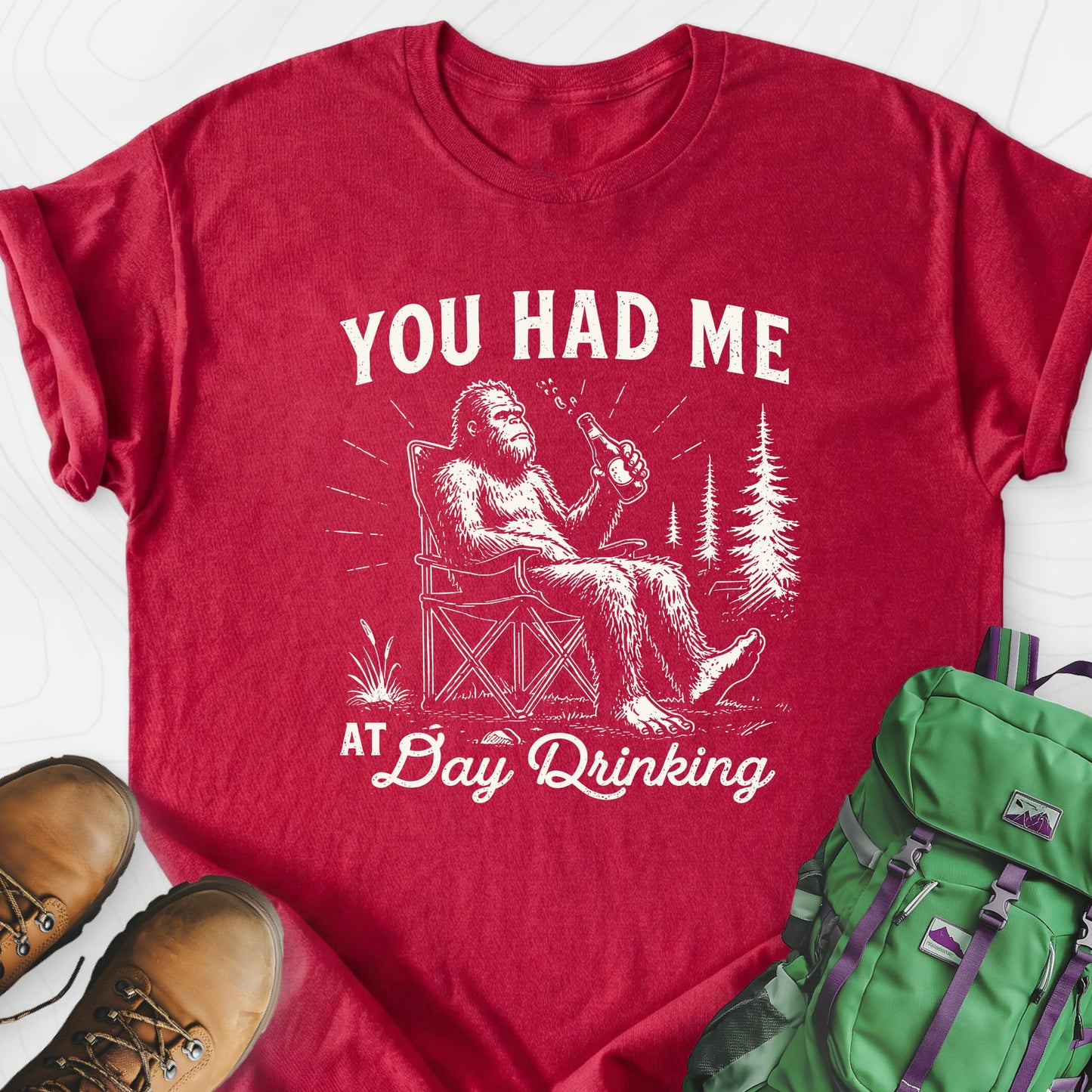Day Drinking Squatch Heather Red front print lightweight T-shirt