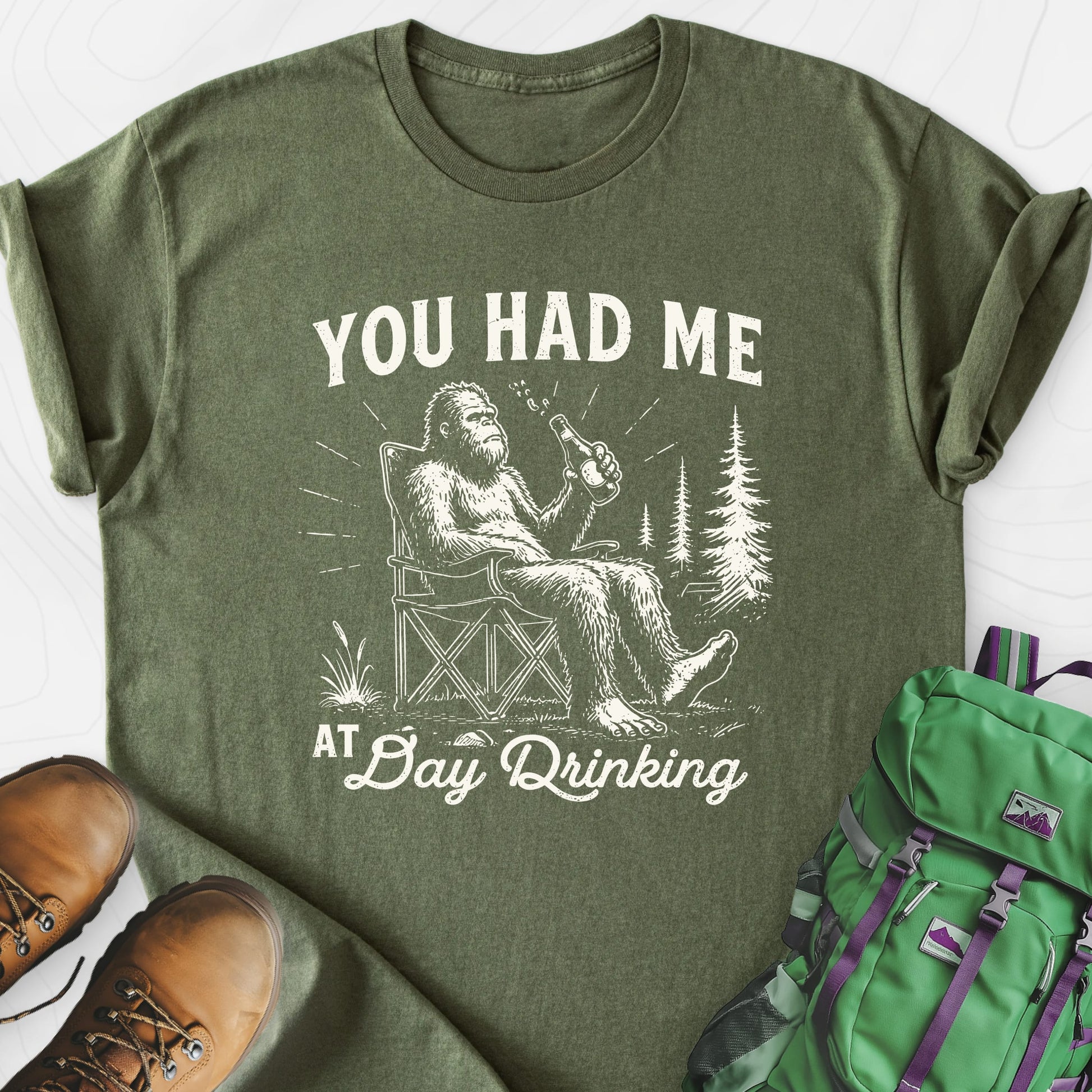 Day Drinking Squatch Military Green front print lightweight T-shirt