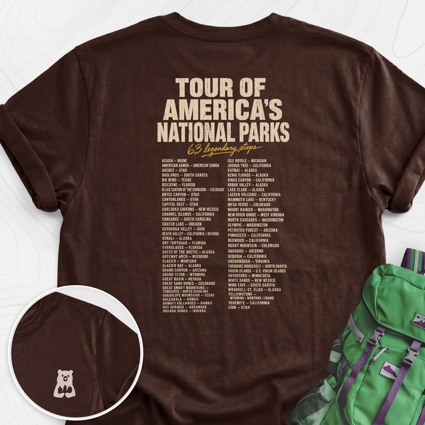 National Parks Grand Tour Dark Chocolate back print lightweight T-shirt