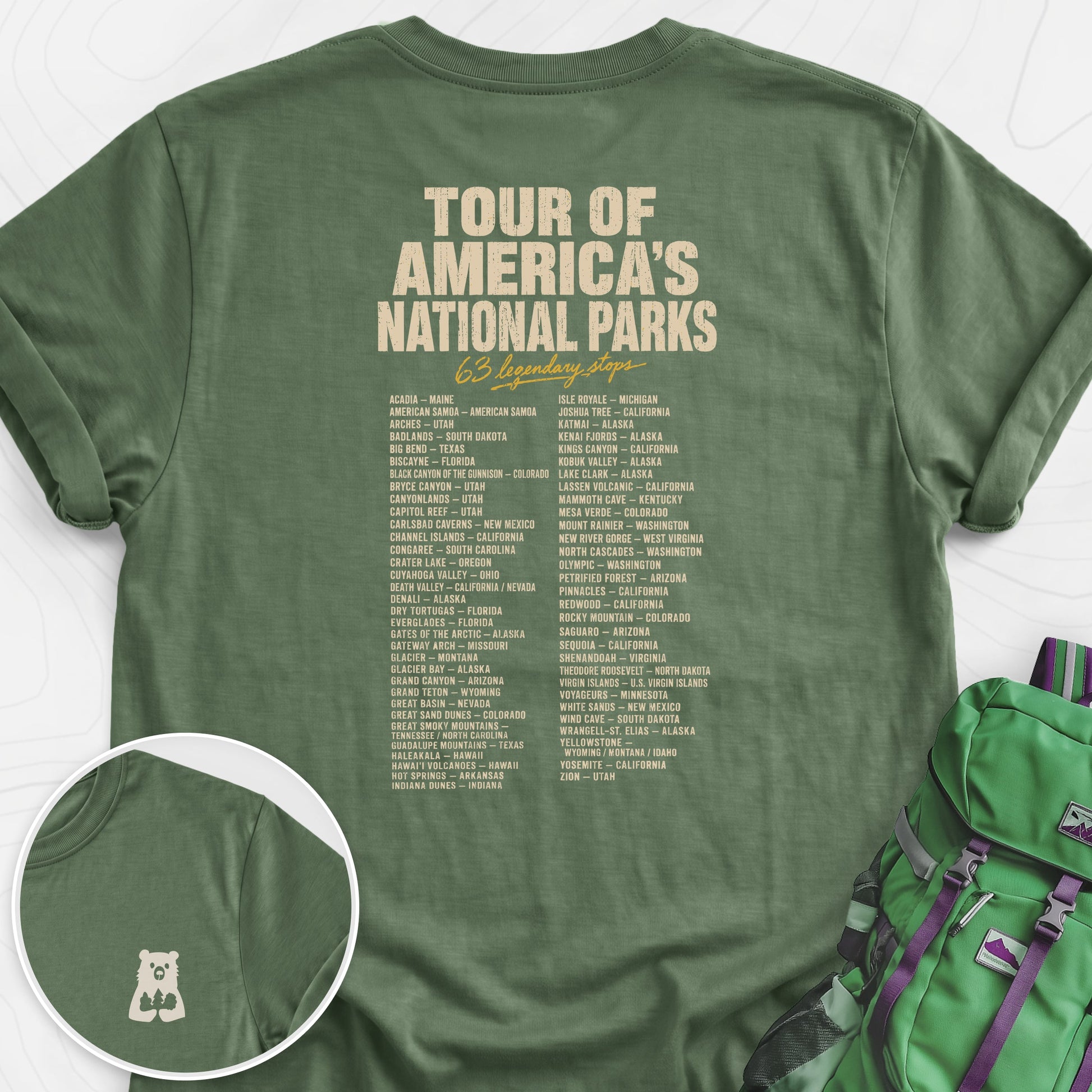 National Parks Grand Tour Military Green back print lightweight T-shirt
