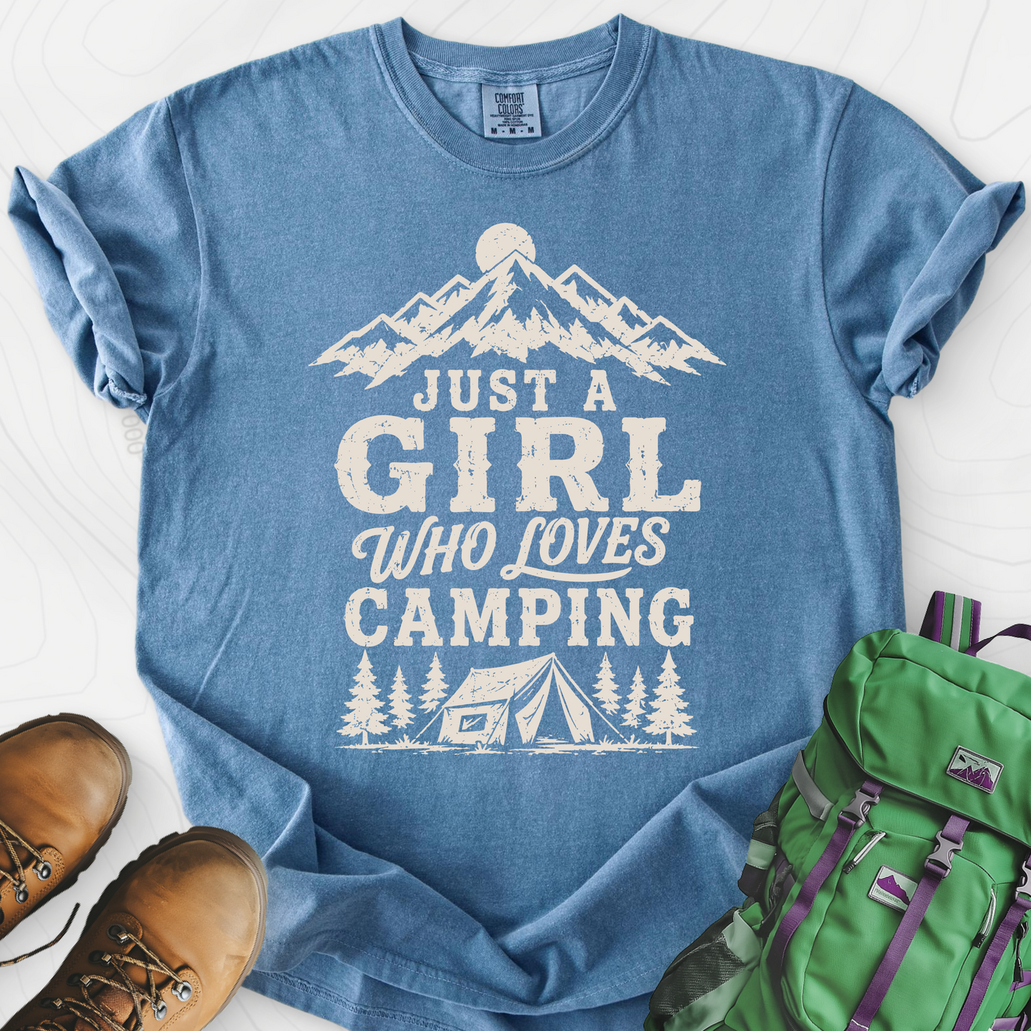 Girl Who Loves Camping Blue Jean front print heavyweight T-shirt