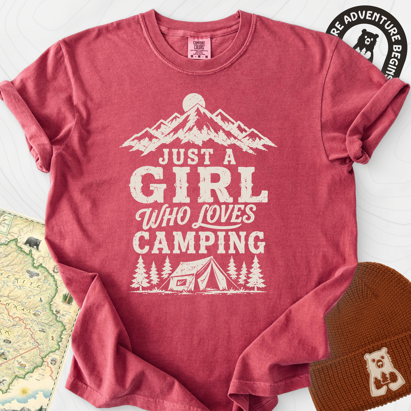 Girl Who Loves Camping Crimson front print heavyweight T-shirt