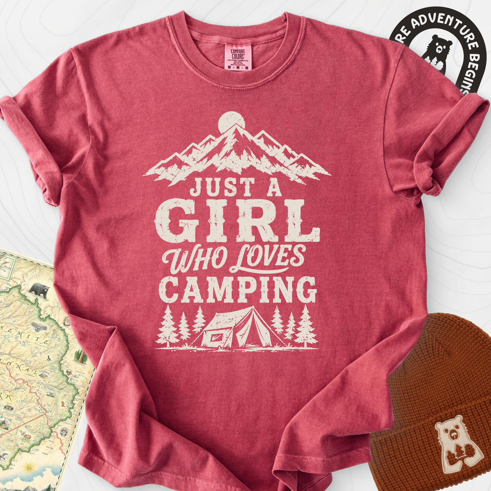 Girl Who Loves Camping Crimson front print heavyweight T-shirt