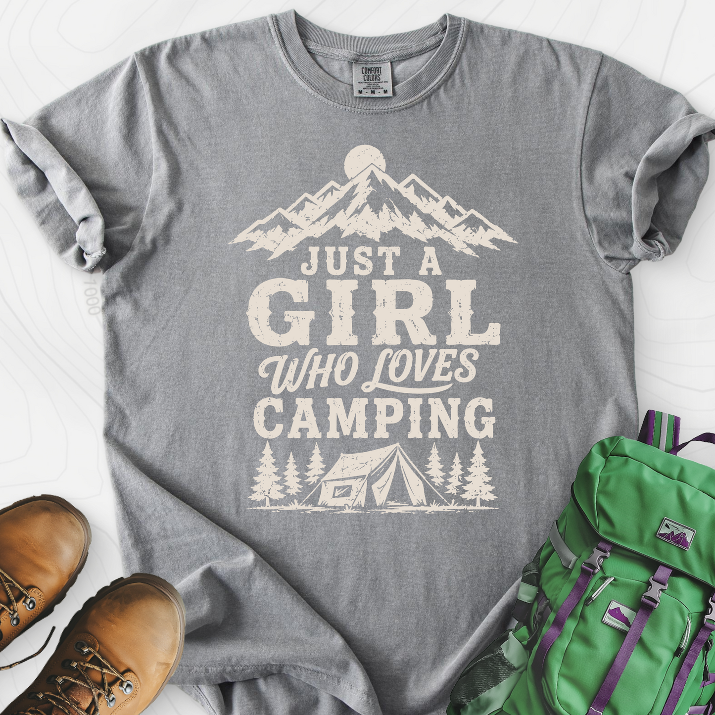 Girl Who Loves Camping Grey front print heavyweight T-shirt