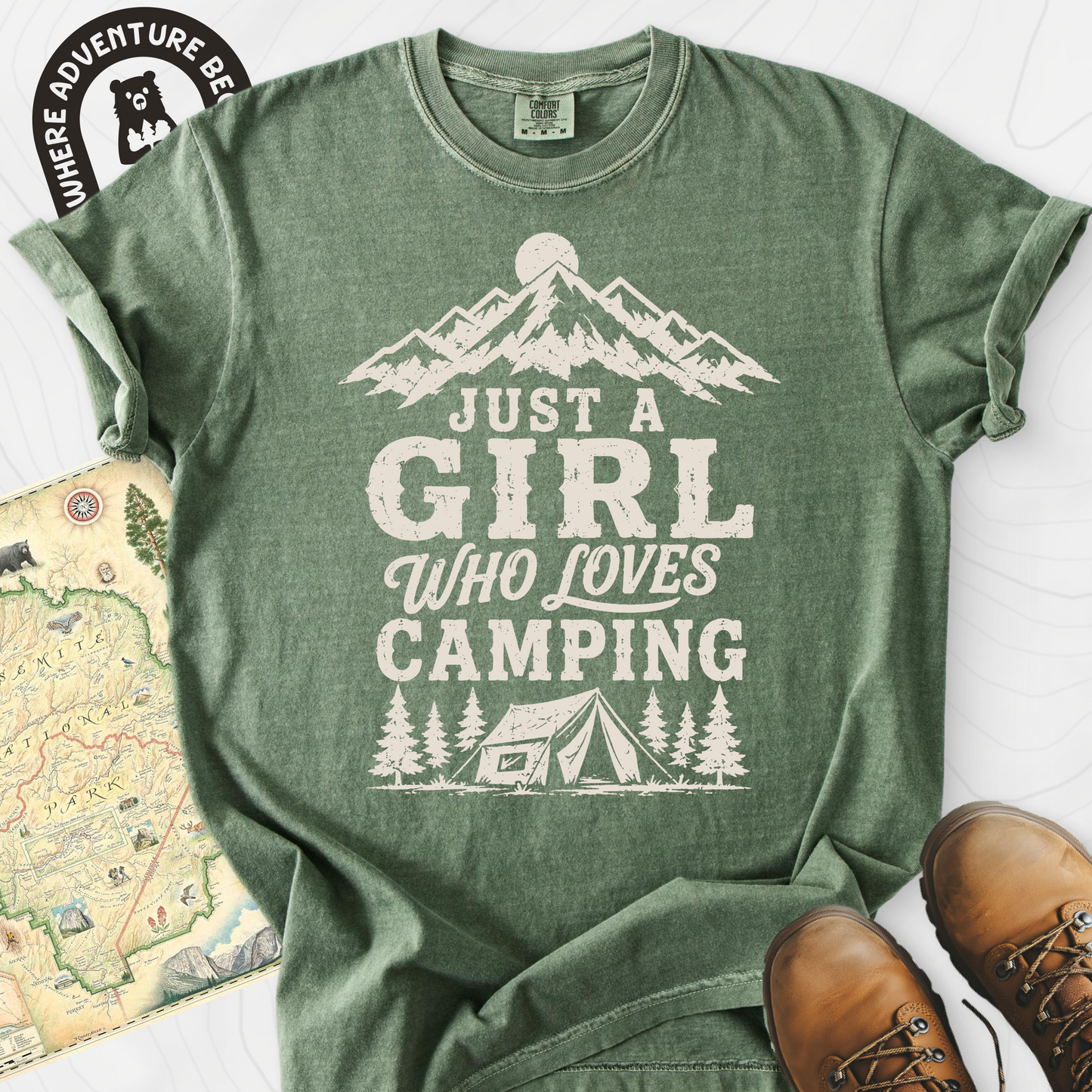 Girl Who Loves Camping Moss front print heavyweight T-shirt