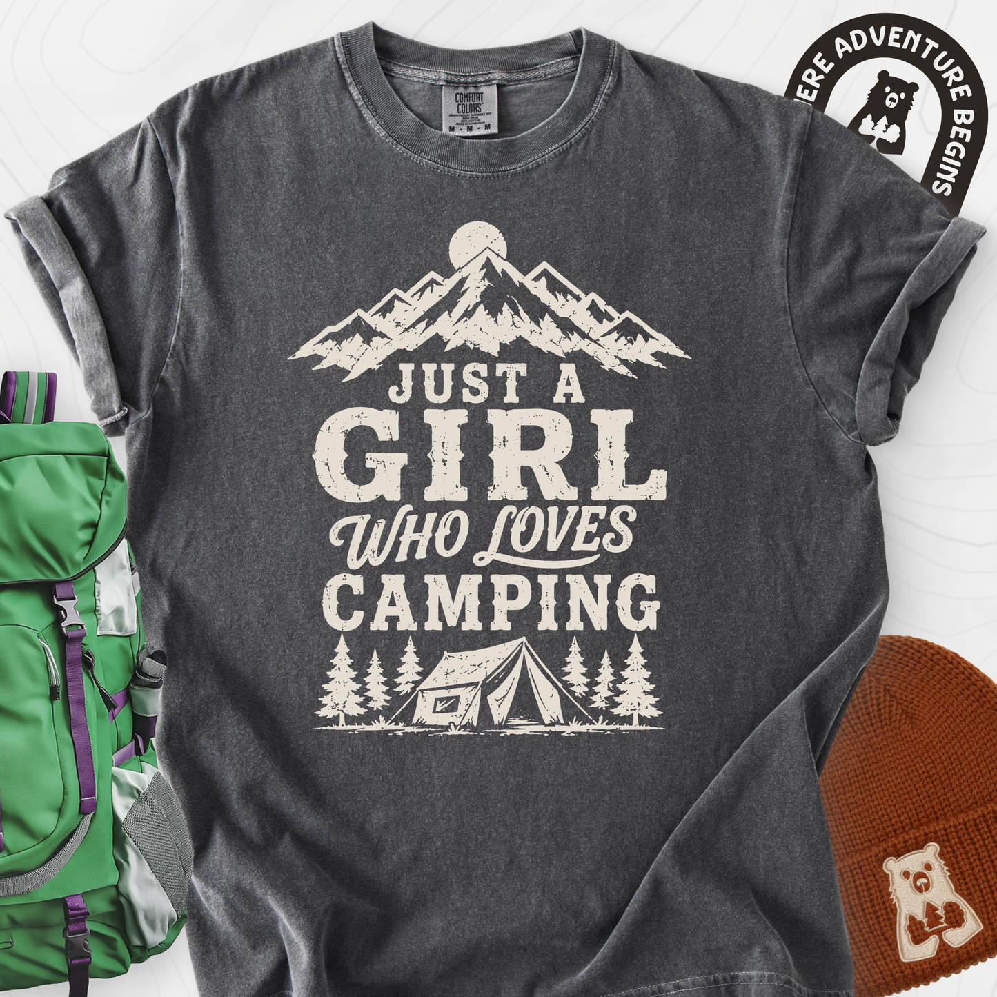 Girl Who Loves Camping Pepper front print heavyweight T-shirt