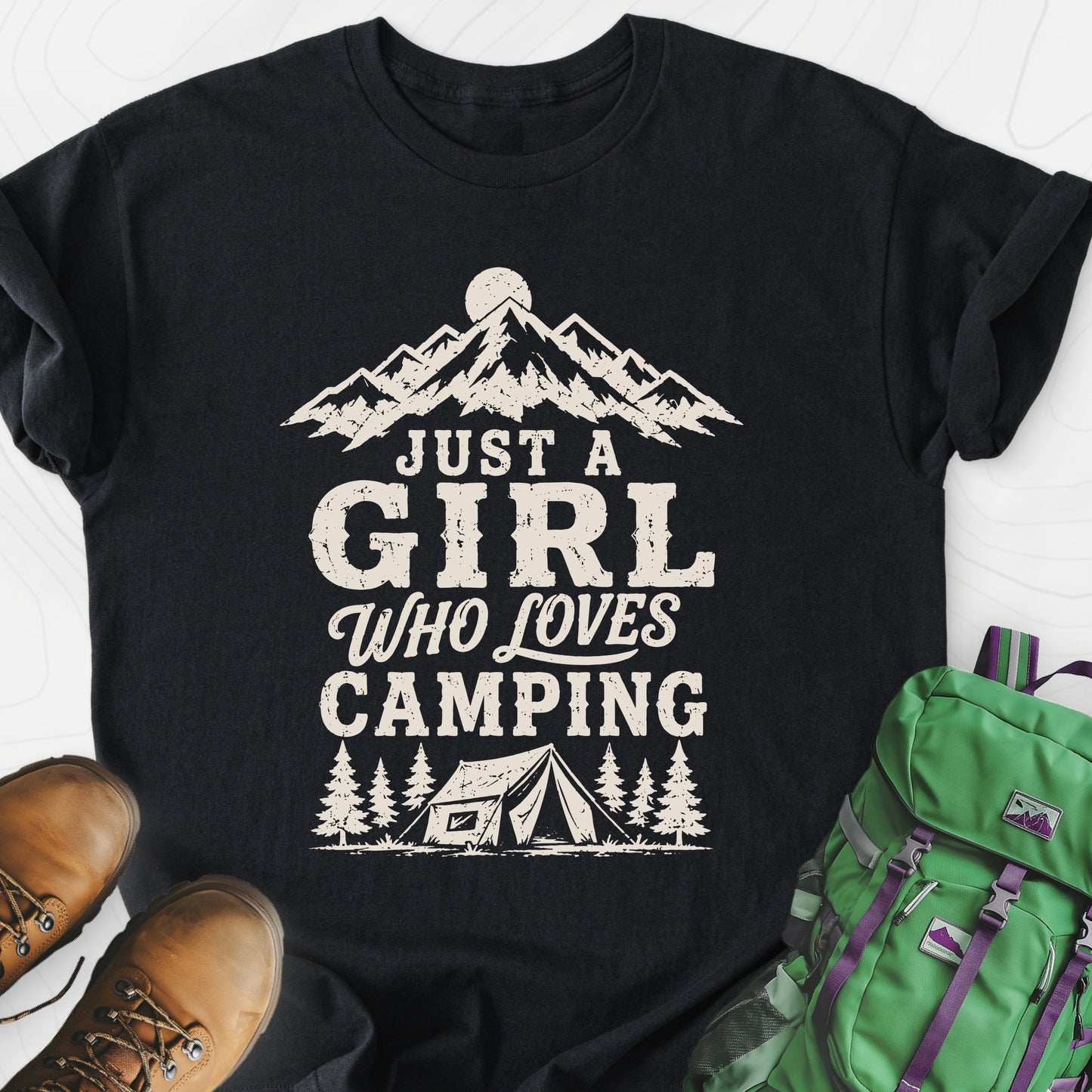 Girl Who Loves Camping Black front print lightweight T-shirt