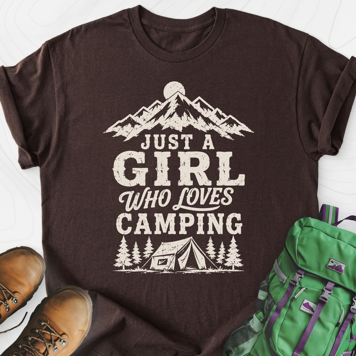 Girl Who Loves Camping Dark Chocolate front print lightweight T-shirt