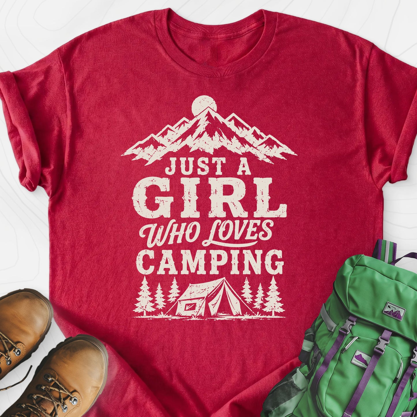 Girl Who Loves Camping Heather Red front print lightweight T-shirt