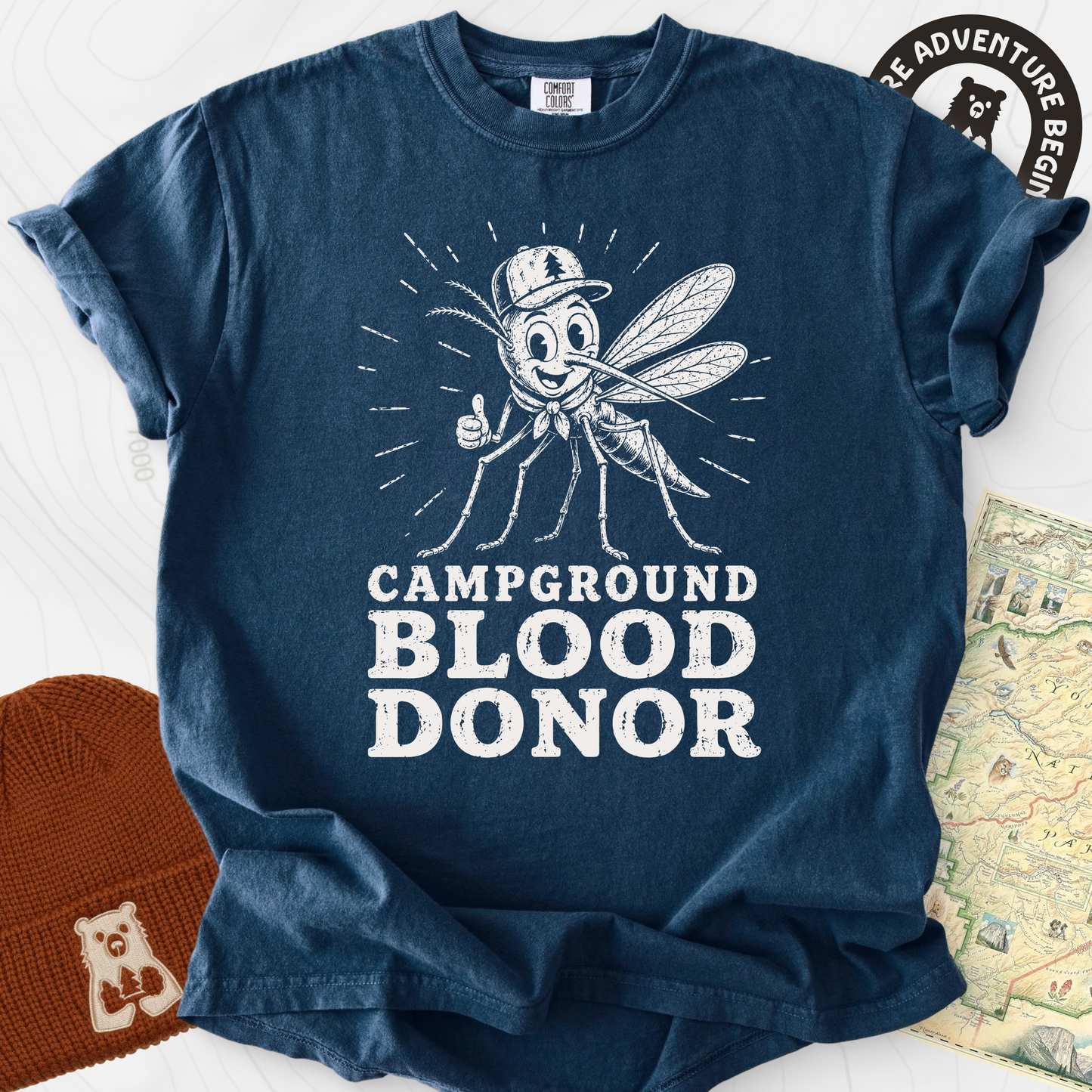 Campground Blood Donor Navy front print heavyweight T-shirt