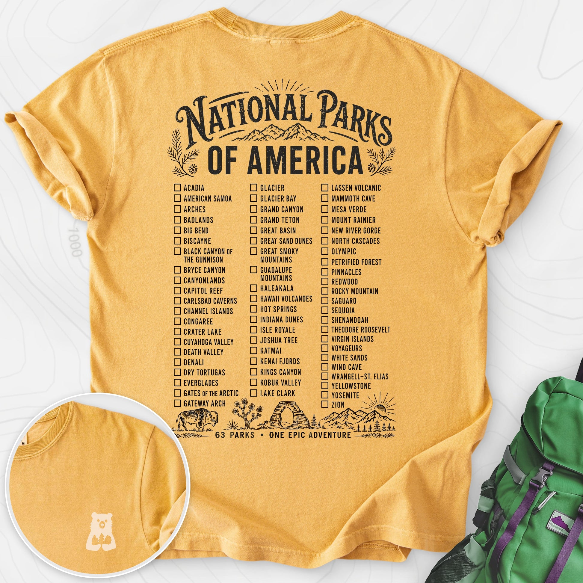 National Parks of America Mustard back print heavyweight T-shirt