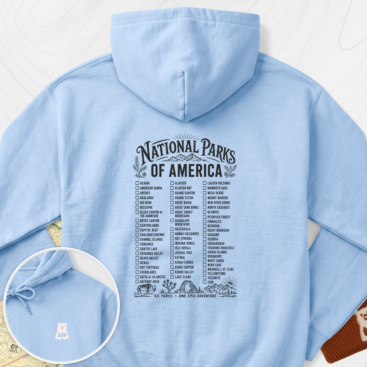 National Parks of America Back Print Hoodie - Light Blue