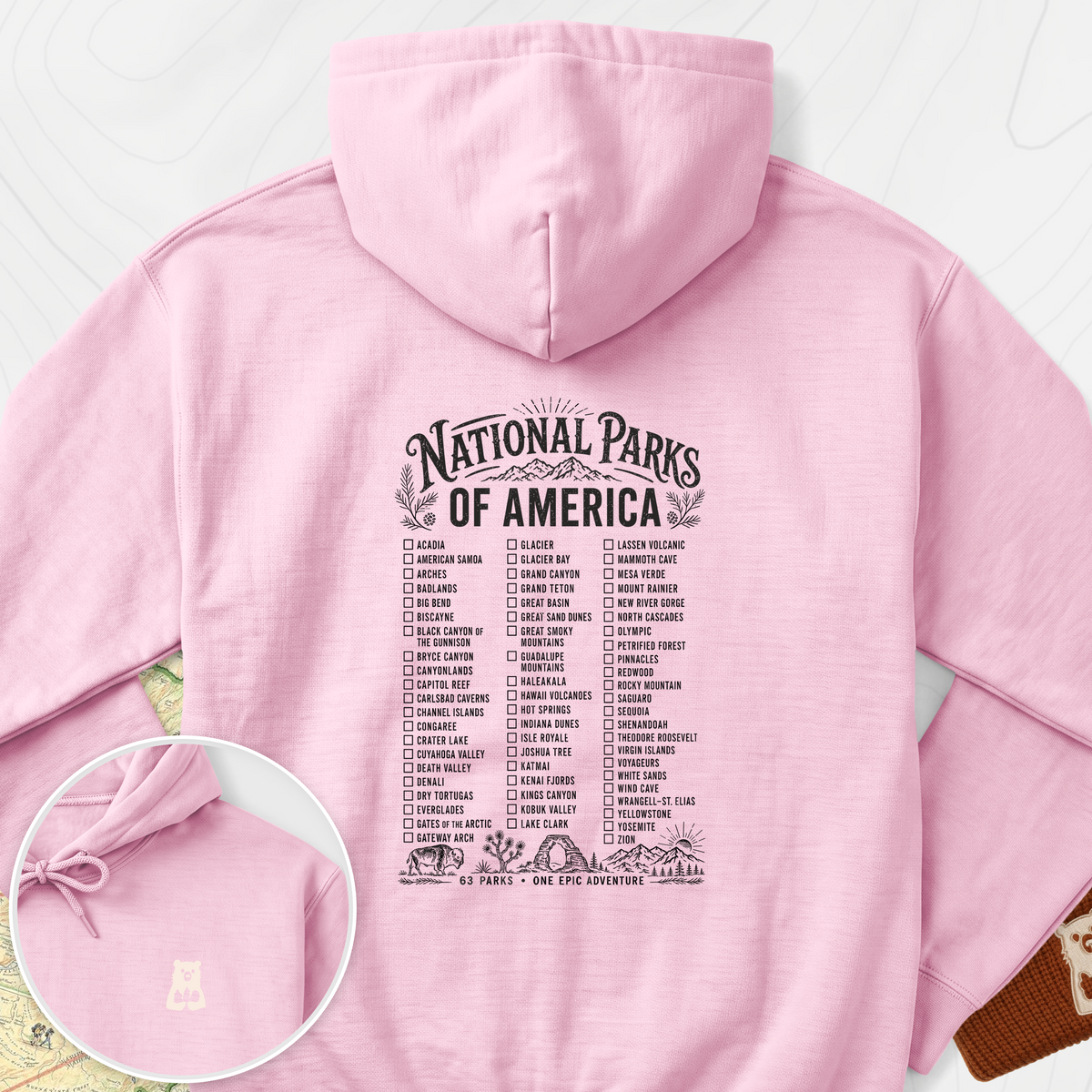 National Parks of America Back Print Hoodie - Light Pink