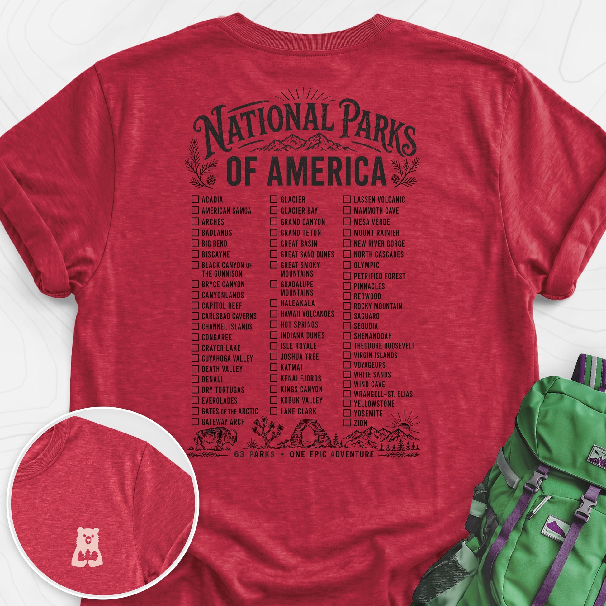 National Parks of America Heather Red back print lightweight T-shirt