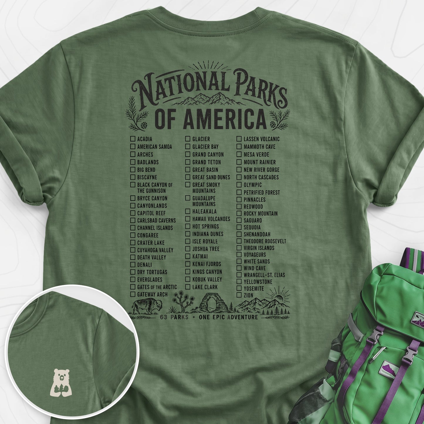 National Parks of America Military Green back print lightweight T-shirt
