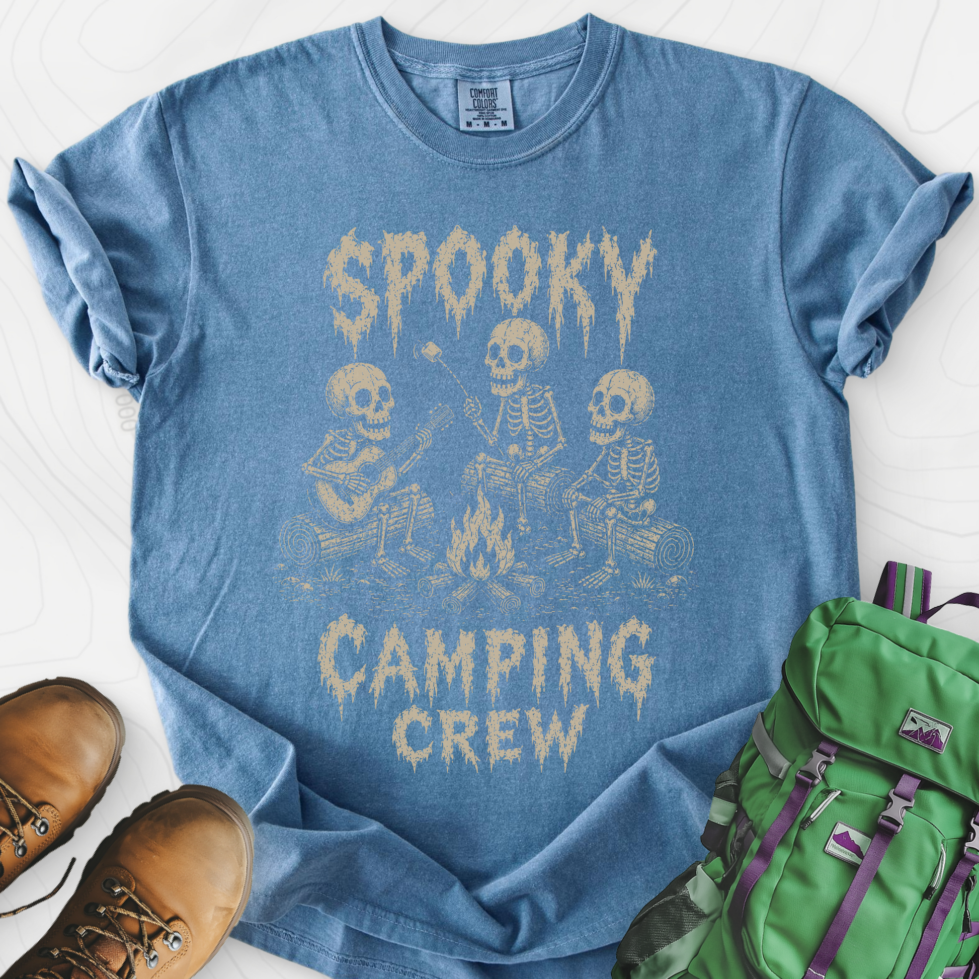 Spooky Camping Crew Blue Jean front print heavyweight T-shirt