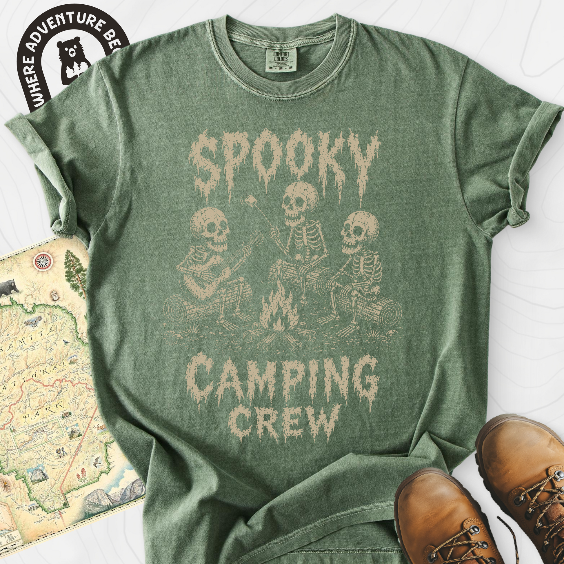 Spooky Camping Crew Moss front print heavyweight T-shirt