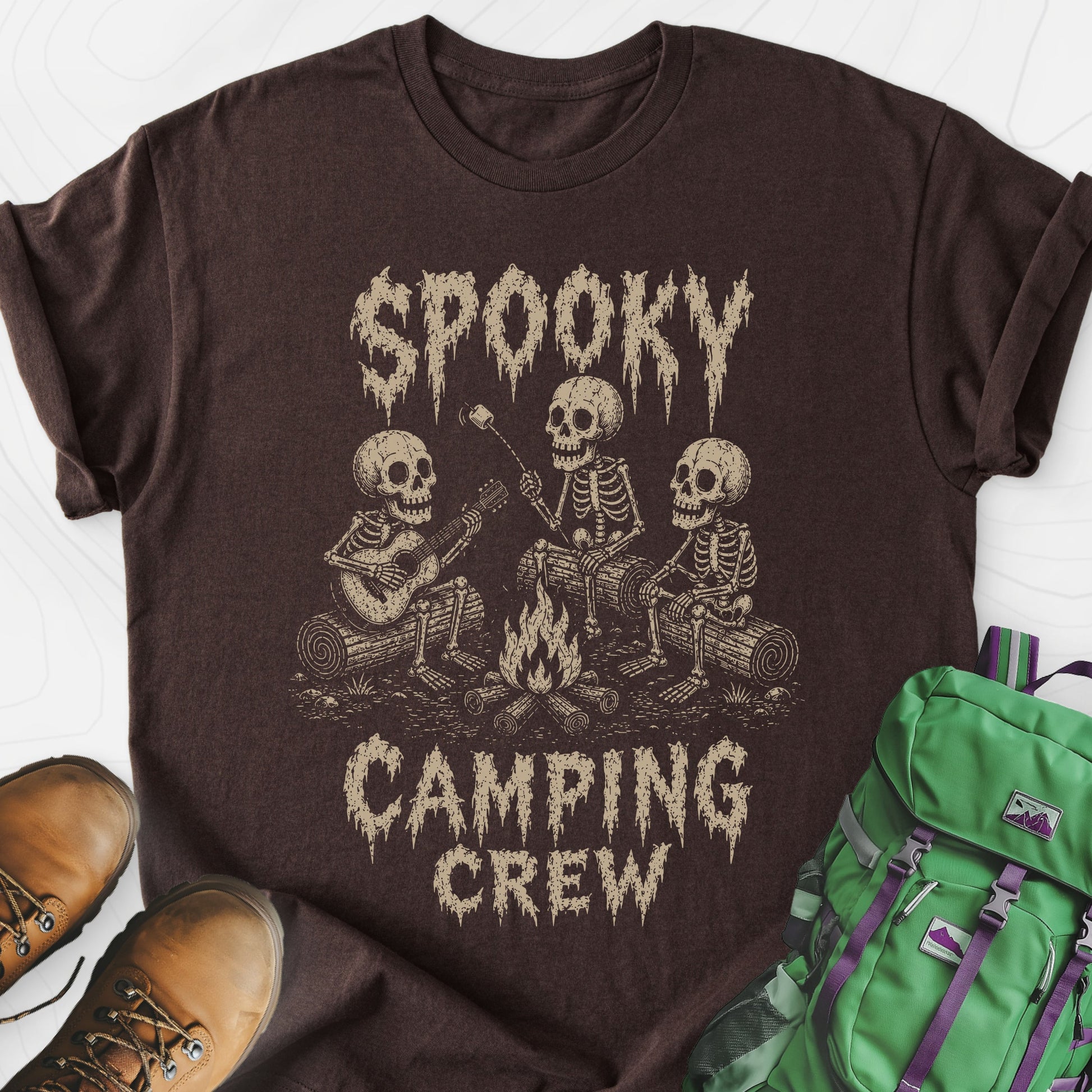 Spooky Camping Crew Dark Chocolate front print lightweight T-shirt
