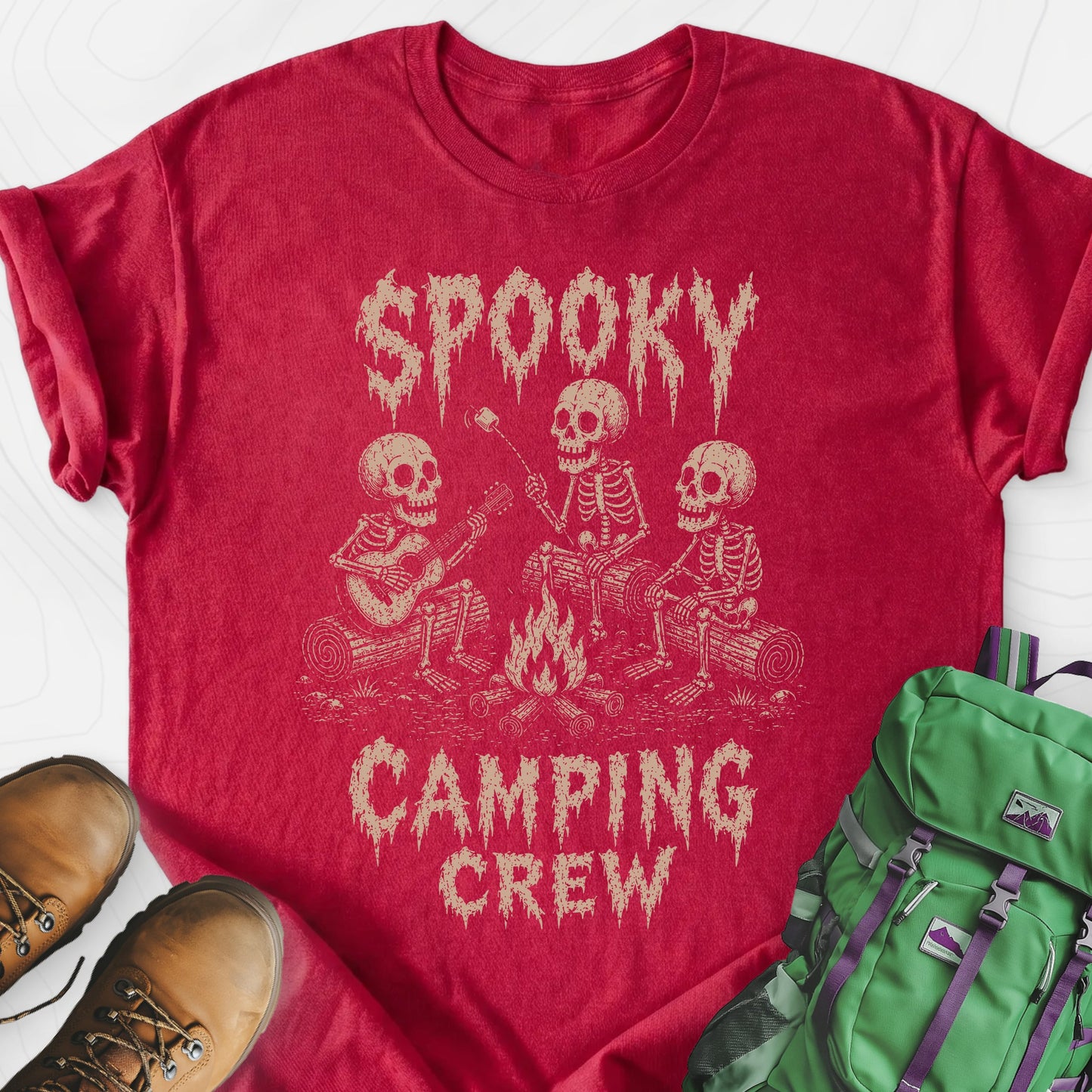 Spooky Camping Crew Heather Red front print lightweight T-shirt