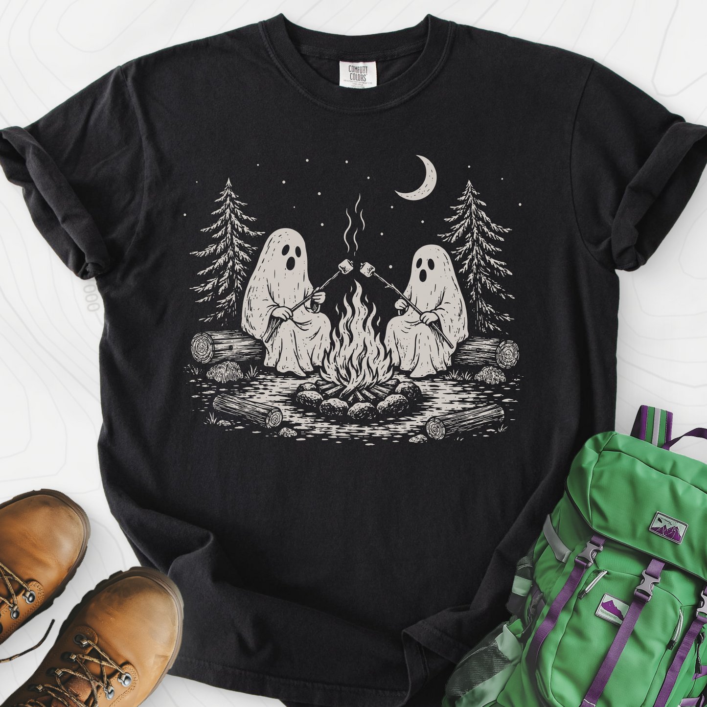 Ghostly Campfire Black front print heavyweight T-shirt