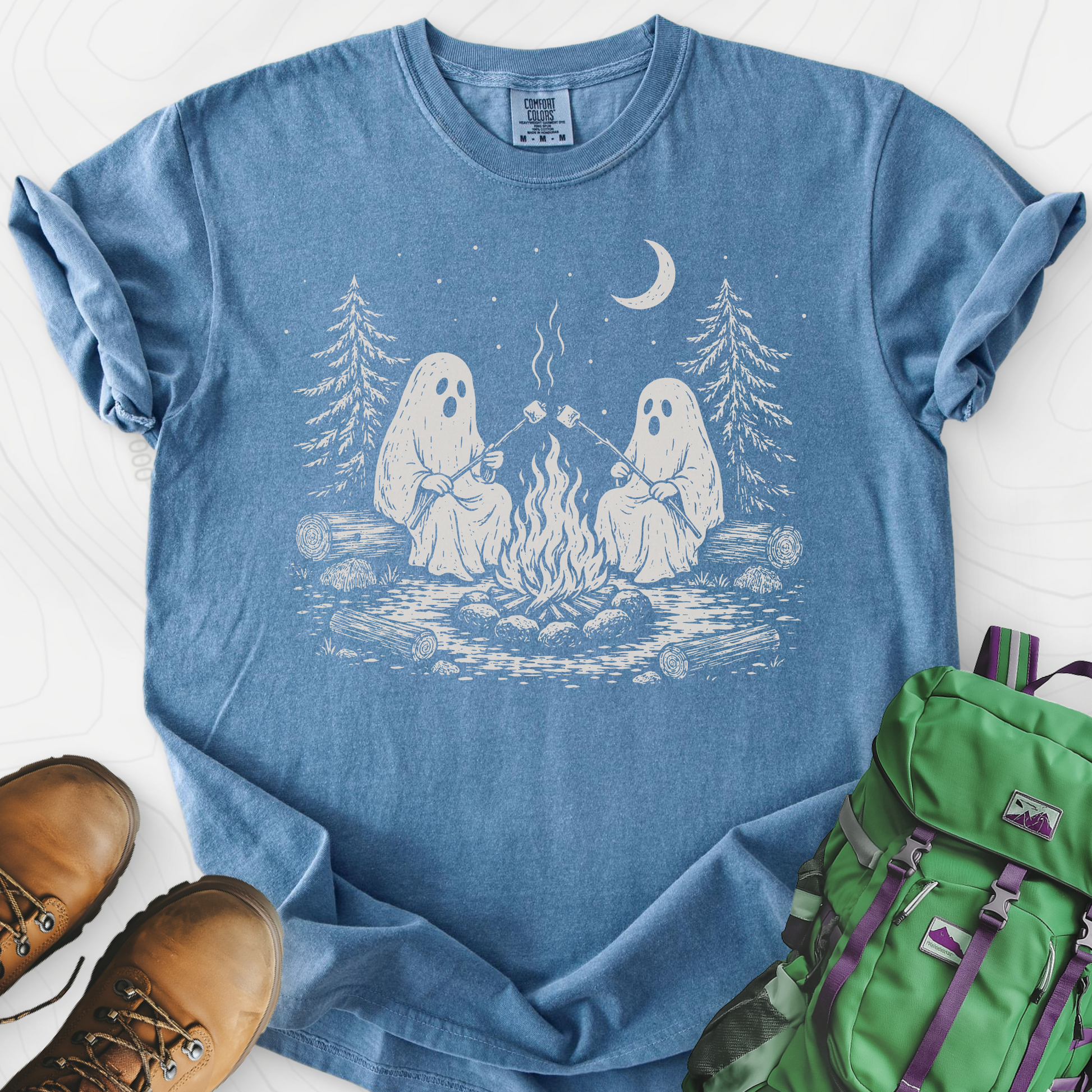 Ghostly Campfire Blue Jean front print heavyweight T-shirt