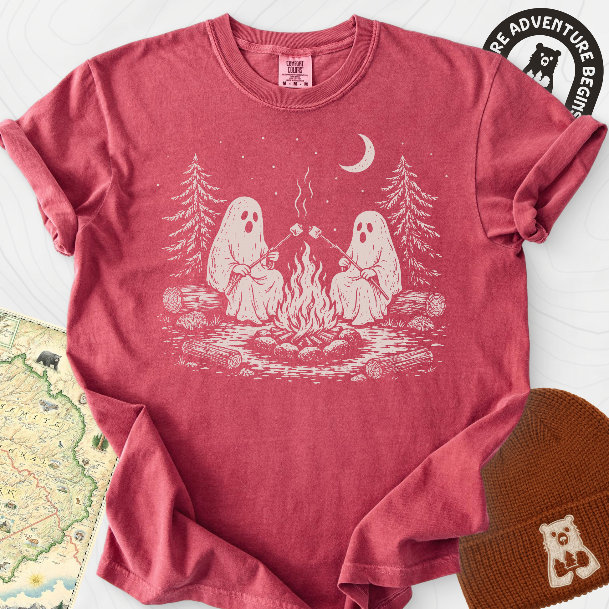 Ghostly Campfire Crimson front print heavyweight T-shirt