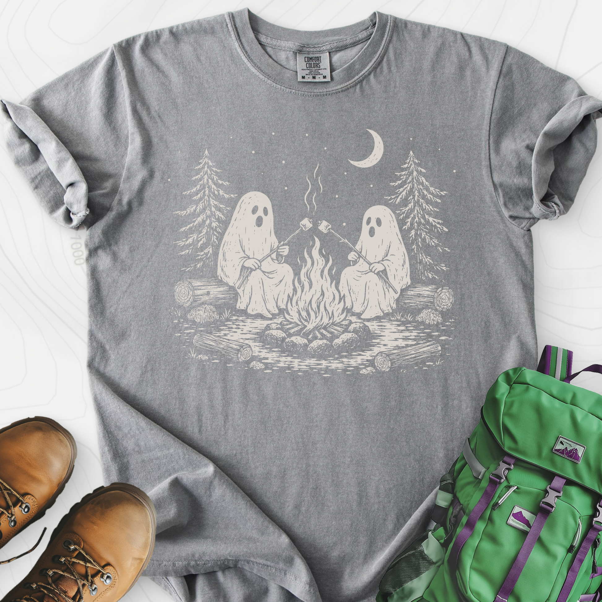 Ghostly Campfire Grey front print heavyweight T-shirt
