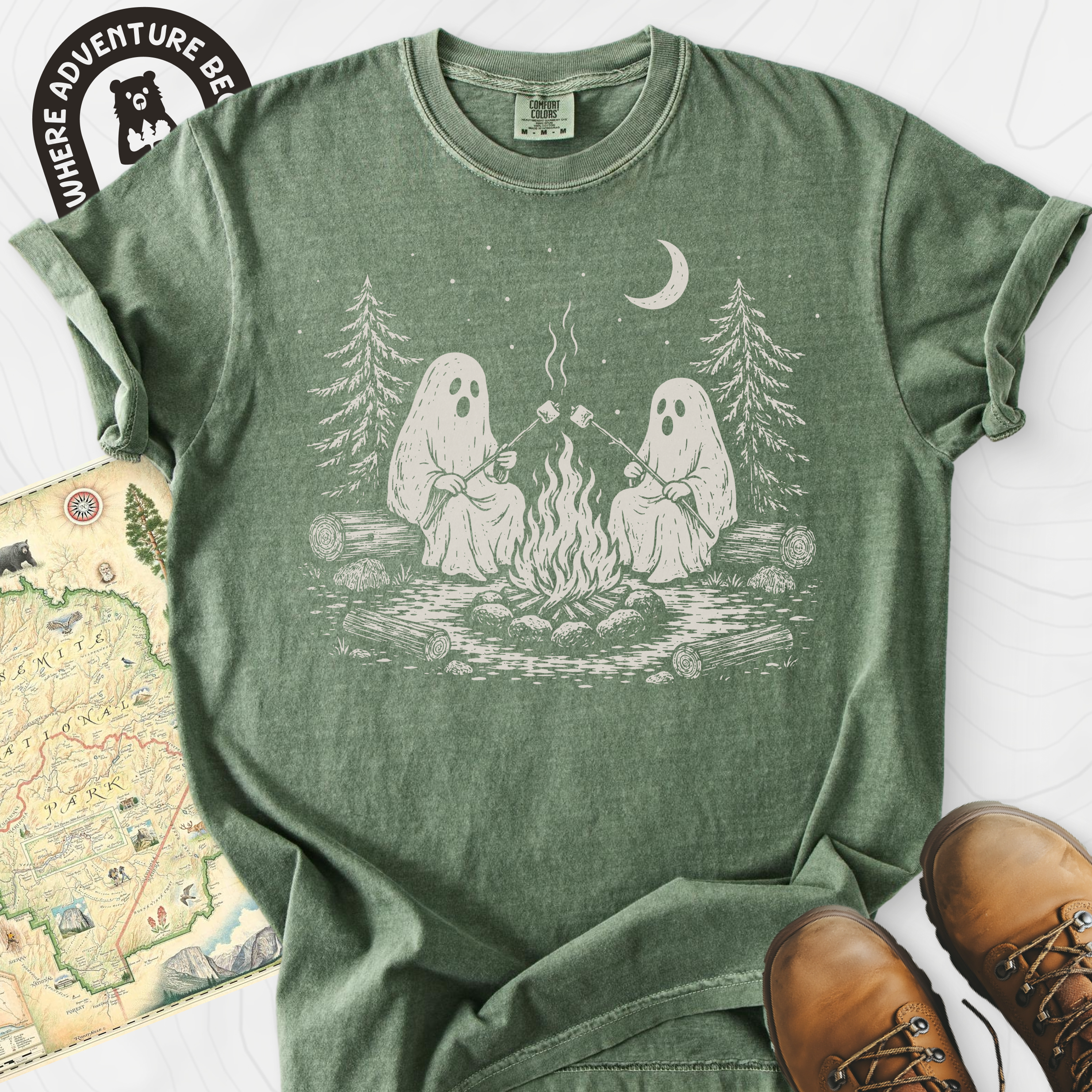 Ghostly Campfire Moss front print heavyweight T-shirt